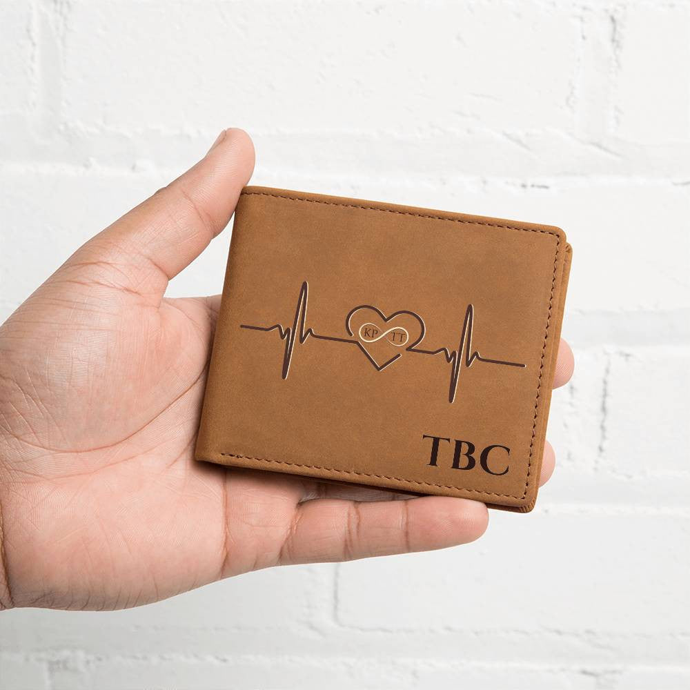 Personalized Men's Leather Wallet with Heartbeat & Infinity Design – A Timeless Gift for Him