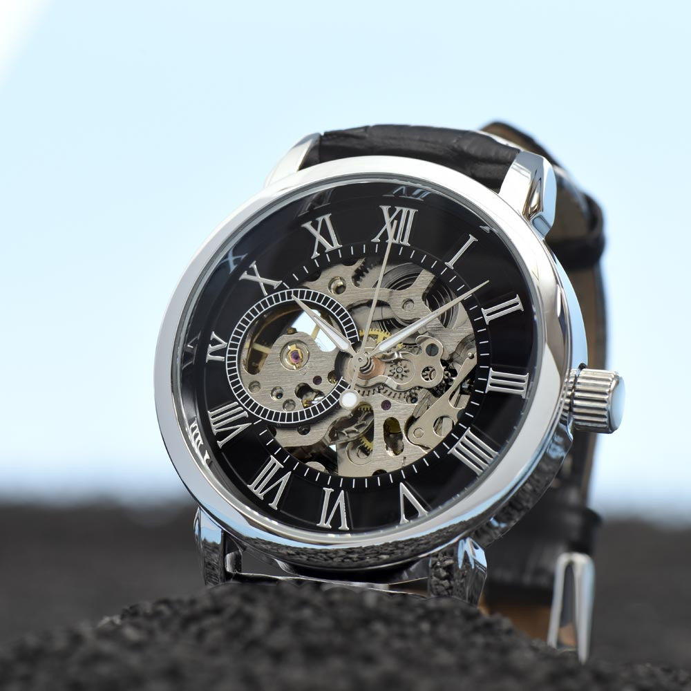 Luxury Men's Openwork Timepiece with Custom Artwork and Personalized Message Card