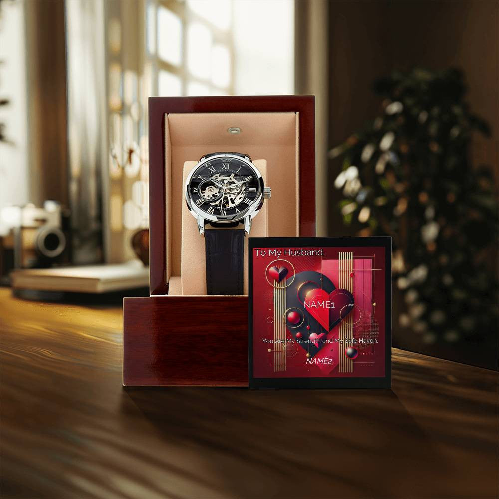 Luxury Men's Openwork Timepiece with Custom Artwork and Personalized Message Card