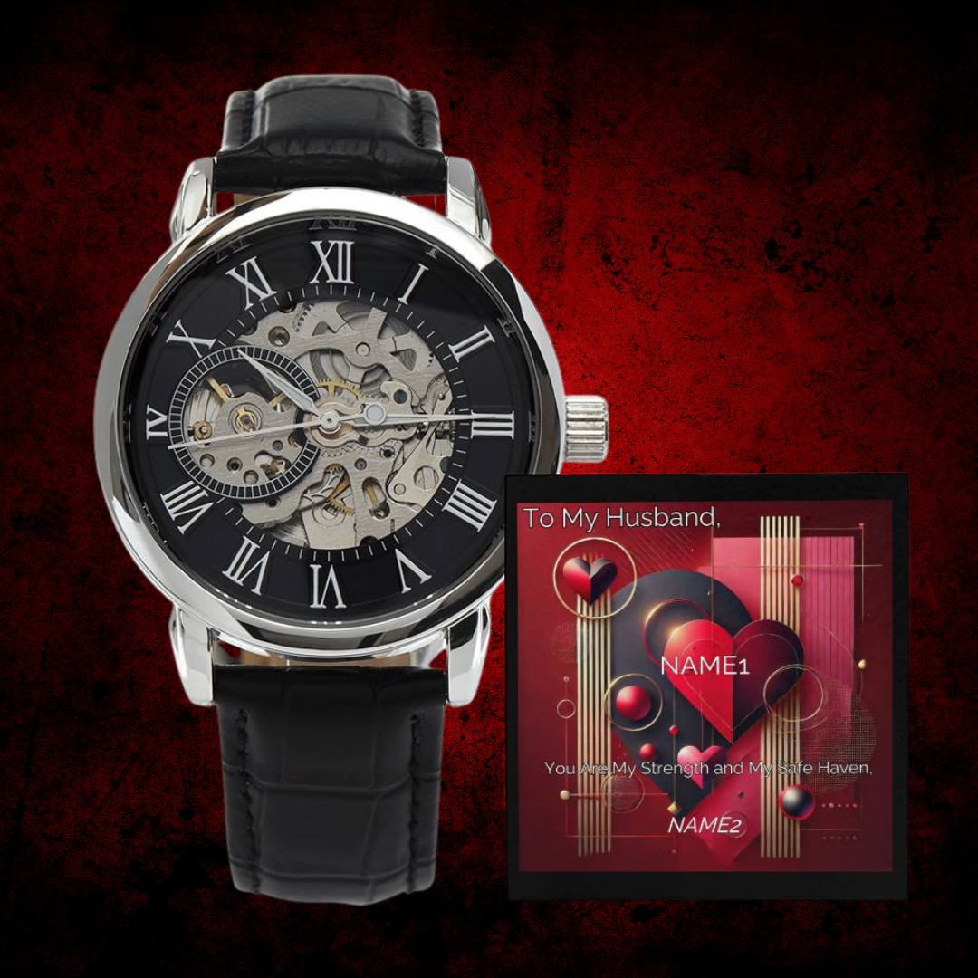 Luxury Men's Openwork Timepiece with Custom Artwork and Personalized Message Card