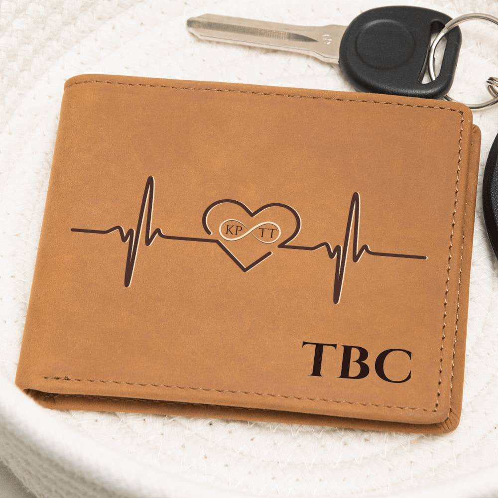 Personalized Men's Leather Wallet with Heartbeat & Infinity Design – A Timeless Gift for Him