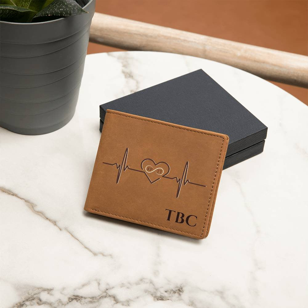 Personalized Men's Leather Wallet with Heartbeat & Infinity Design – A Timeless Gift for Him