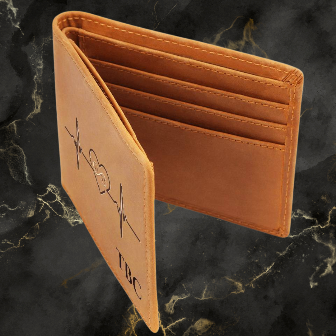 Personalized Men's Leather Wallet with Heartbeat & Infinity Design – A Timeless Gift for Him