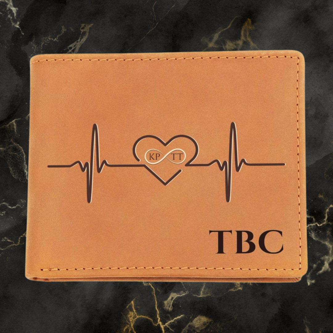 Personalized Men's Leather Wallet with Heartbeat & Infinity Design – A Timeless Gift for Him