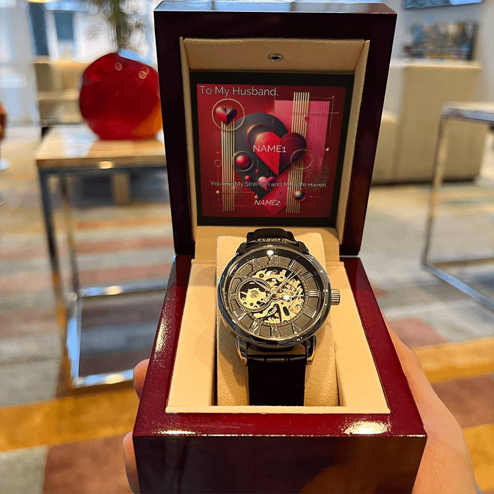 Luxury Men's Openwork Timepiece with Custom Artwork and Personalized Message Card