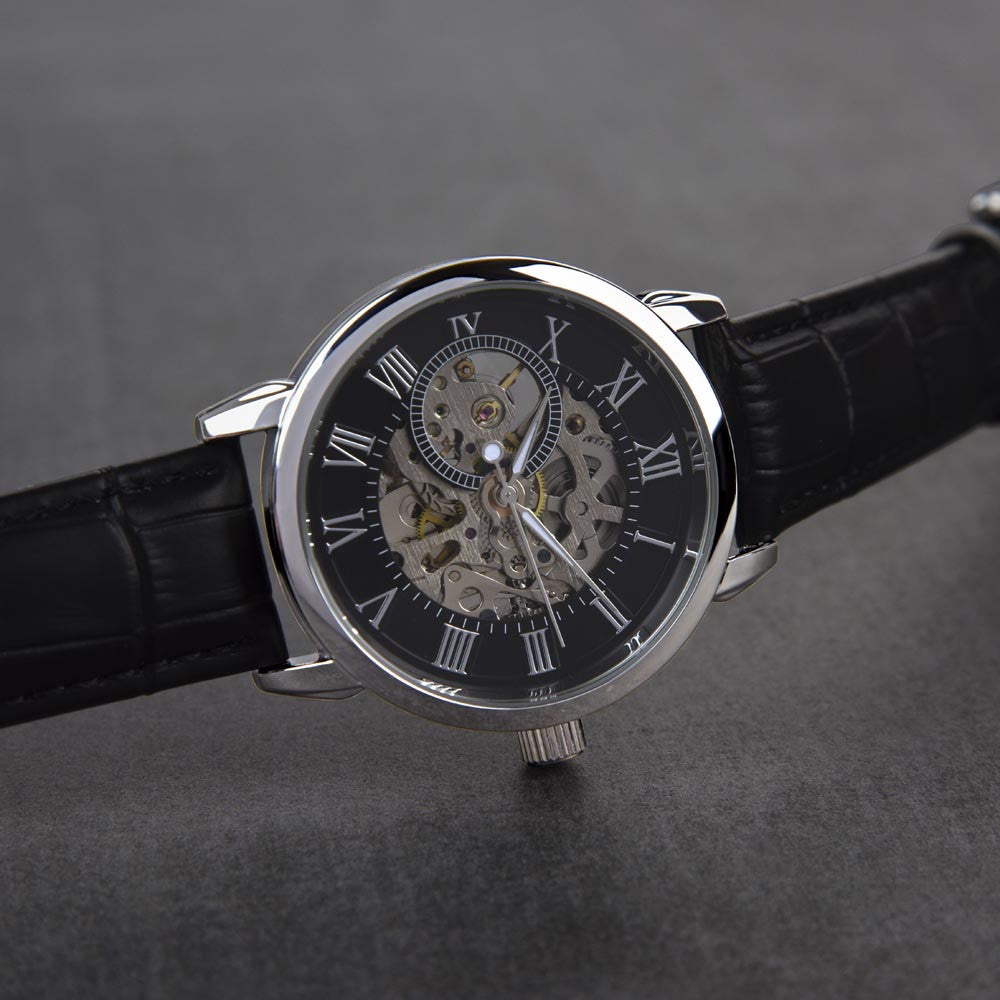 Luxury Men's Openwork Timepiece with Custom Artwork and Personalized Message Card