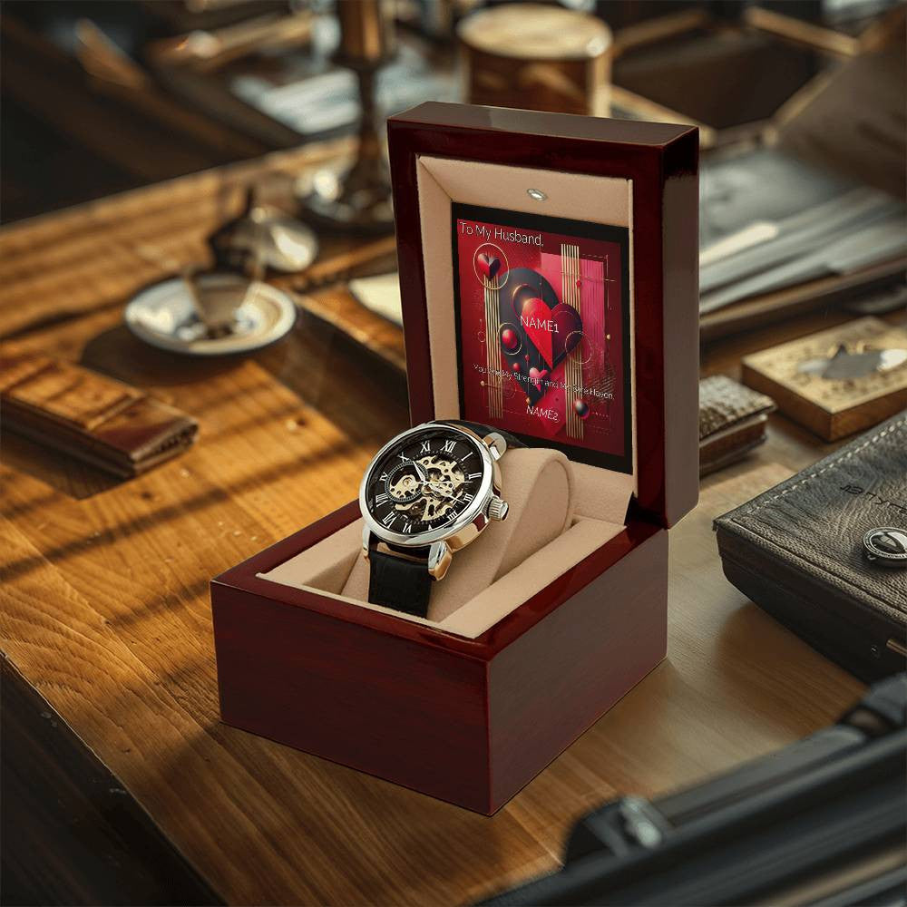 Luxury Men's Openwork Timepiece with Custom Artwork and Personalized Message Card