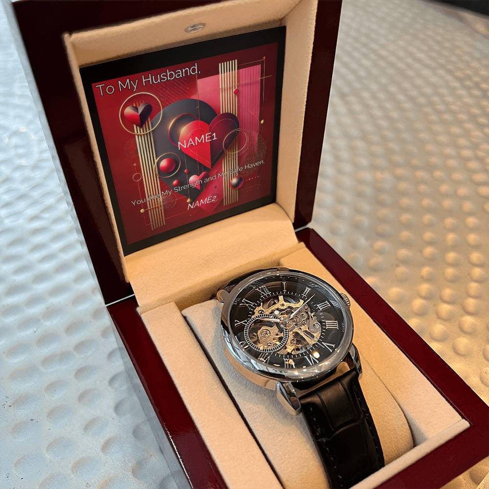 Luxury Men's Openwork Timepiece with Custom Artwork and Personalized Message Card