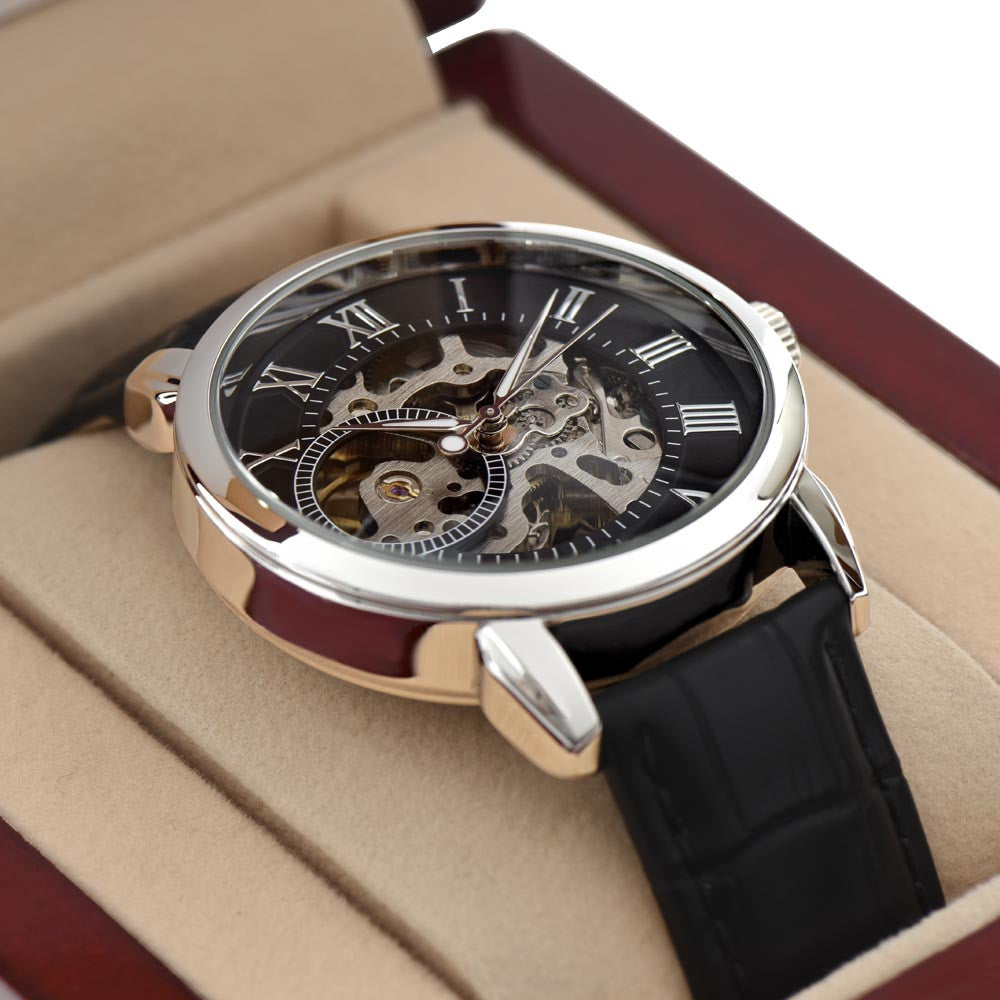 Luxury Men's Openwork Timepiece with Custom Artwork and Personalized Message Card